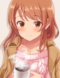  blush brown_eyes commentary_request cup female highres hojo_karen idolmaster idolmaster_cinderella_girls jacket jacket_on_shoulders jewelry looking_at_viewer medium_hair mug naruse_nagi necklace orange_hair pink_sweater ribbed_sweater smile solo sweater 