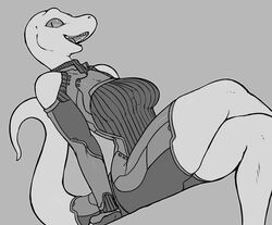  anole anthro black_and_white blue_anole clothed clothing crossed_legs eliza_(vader-san) female grey_background hi_res lizard looking_at_viewer monochrome open_mouth reptile scalie sharp_teeth simple_background sitting solo tail teeth tongue vader-san 