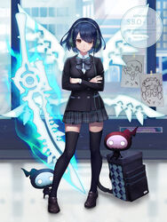  alice_(sinoalice) anki_(sinoalice) blazer blue_hair commentary crossed_arms dark_blue_hair female full_body gishin_(sinoalice) hairband headphones jacket lf_(paro) loafers looking_at_viewer nightmare_(sinoalice) photoshop_(medium) reality_arc_(sinoalice) red_eyes school shoes short_hair sinoalice skirt solo sword thighhighs uniform weapon wings 