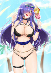  absurdres azur_lane bikini black_choker blush breasts choker eesuke_(shin1athke) eyewear_on_head female floating_hair food hair_over_one_eye highres holding holding_food large_breasts multi-strapped_bikini navel o-ring o-ring_bikini official_alternate_costume parfait purple_hair red_eyes solo sunglasses swimsuit thigh_strap trento_(azur_lane) trento_(summer&#039;s_hotness?)_(azur_lane) wet 