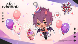  1boy balloon blush candle chibi commentary cupcake demon_boy demon_horns demon_tail demon_wings english_commentary food hat heart heart-shaped_pupils highres horns male_focus morvay_(nu_carnival) nu_carnival off_shoulder official_art open_mouth party_hat pointy_ears purple_hair short_hair solo speech_bubble stomach_tattoo symbol-shaped_pupils tail tattoo wings 