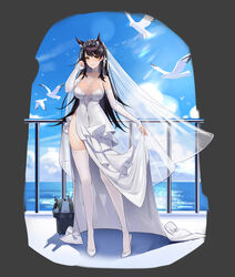  absurdres animal_ears atago_(azur_lane) atago_(lily-white_vow)_(azur_lane) azur_lane bare_shoulders bird black_hair breasts bridal_gauntlets bridal_veil cleavage dress elbow_gloves extra_ears female full_body gloves high_heels highres large_breasts long_hair looking_at_viewer lopy official_alternate_costume outdoors see-through shoes skindentation skirt_hold sleeveless sleeveless_dress taut_clothes thighhighs thighs turret veil water wedding_dress white_bird white_dress white_footwear white_gloves white_thighhighs yellow_eyes 