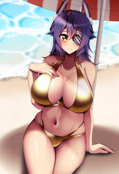  alternate_costume beach beach_umbrella bikini breasts eyepatch female gold_bikini headgear highres huge_breasts kantai_collection medium_hair multi-strapped_bikini navel outdoors purple_hair sitting solo swimsuit tenryuu_(kancolle) umbrella yellow_eyes yuudadou 