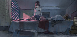  absurdres bare_shoulders bed brown_eyes brown_hair chinese_commentary commentary_request denim female highres indoors long_hair long_sleeves off-shoulder_shirt off_shoulder original photoshop_(medium) pink_thighhighs shirt shorts sitting solo thighhighs wariza white_shirt yurayura zettai_ryouiki 