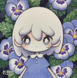  blue_dress blue_eyes blue_flower blue_pansy bright_pupils dated dress female flower highres leaf looking_at_viewer medium_hair original pansy plant short_sleeves signature solo tears traditional_media upper_body white_hair white_pupils zukky000 