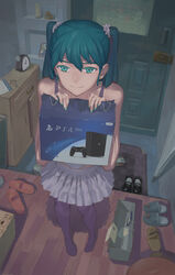  absurdres alarm_clock aqua_eyes aqua_hair bag bare_shoulders box cardboard_box chinese_commentary clock closed_mouth commentary_request door earrings female fingernails game_console green_eyes green_hair green_nails hair_ornament hair_scrunchie hallway hatsune_miku highres holding holding_bag indoors jewelry key long_hair looking_at_viewer miniskirt nail_polish no_shoes pantyhose playstation_4 purple_pantyhose rug scrunchie shoes skirt slippers smile solo standing twintails unworn_shoes unworn_slippers vocaloid white_skirt yurayura 