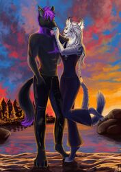  absurd_res alexandradane anthro bobcat canid canine canis duo ear_piercing ear_ring felid feline female hair heart_symbol hi_res lynx male male/female mammal piercing purple_hair ring_piercing smile white_hair wolf 