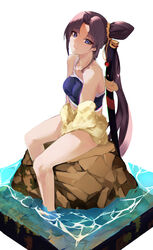  bikini black_hair blue_bikini blue_eyes breasts fate/grand_order fate_(series) female hair_bun highres jacket katana long_hair long_sleeves looking_at_viewer medium_breasts parted_bangs rock side_ponytail single_hair_bun single_side_bun sitting smile swimsuit sword ushiwakamaru_(fate) ushiwakamaru_(swimsuit_assassin)_(fate) ushiwakamaru_(swimsuit_assassin)_(first_ascension)_(fate) vantsuki water weapon yellow_jacket 