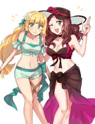  2girls bikini blonde_hair breasts brown_hair cleavage closed_mouth commentary dorothea_arnault dorothea_arnault_(summer) english_commentary fire_emblem fire_emblem:_three_houses fire_emblem_heroes flower green_eyes gummy_(puffaluficus) hair_flower hair_ornament hat hat_flower ingrid_brandl_galatea ingrid_brandl_galatea_(summer) large_breasts long_hair medium_breasts midriff multiple_girls nail_polish off-shoulder_bikini off_shoulder one_eye_closed open_mouth sarong see-through simple_background smile swimsuit white_background 