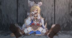  absurdres animal_ear_fluff animal_ears animal_hat bad_id bad_pixiv_id black_socks blonde_hair boots brown_footwear brown_gloves brown_skirt commentary_request covered_mouth fake_animal_ears female full_body fur-trimmed_boots fur_hat fur_trim girls&#039;_frontline gloves hair_between_eyes hand_up hat head_tilt highres jacket kneehighs long_hair long_sleeves looking_at_viewer matsuo_(matuonoie) nagant_revolver_(girls&#039;_frontline) nagant_revolver_(mod3)_(girls&#039;_frontline) navel red_eyes shirt shoe_soles sitting skirt socks solo torn_clothes torn_hat torn_jacket torn_shirt torn_skirt white_hat white_jacket white_shirt 