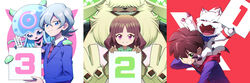  2girls 4boys :d absurdres amanokawa_hiro angoramon bbb_(fabio8552) blue_eyes bow brown_hair closed_eyes closed_mouth commentary digimon digimon_(creature) digimon_ghost_game fangs gammamon green_eyes grin higashimitarai_kiyoshiro highres hood hooded_jacket hoodie horns jacket jellymon long_hair long_sleeves looking_at_viewer multiple_boys multiple_girls open_mouth pink_eyes scar scar_on_ear shirt short_hair smile symbol-only_commentary teeth tsukiyono_ruli yellow_eyes 