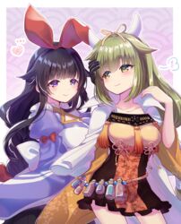  2girls arm_ribbon black_hair blonde_hair blue_eyes blunt_bangs bottle bow_hairband braid braided_ponytail cape closed_mouth cow_horns dress fake_horns flower_knot goou_yoshimitsu hair_flaps hairband hakata_toushirou_(tenka_hyakken) hand_on_another&#039;s_head hand_up heart horns lace_trim long_hair long_sleeves multiple_girls okanoyuno popped_collar puff_of_air puffy_long_sleeves puffy_sleeves raised_eyebrows ribbon seigaiha siblings sidelocks sisters smile tassel tenka_hyakken thick_eyebrows white_cape wide_sleeves yellow_dress yellow_eyes 