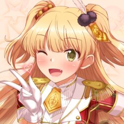  ;d across_the_stars_(idolmaster) blonde_hair close-up commentary_request female gloves green_eyes idolmaster idolmaster_cinderella_girls jougasaki_rika long_hair looking_at_viewer naruse_nagi oerba_yun_fang one_eye_closed open_mouth smile solo two_side_up white_gloves 