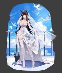  absurdres animal_ears atago_(azur_lane) atago_(lily-white_vow)_(azur_lane) azur_lane bare_shoulders bird black_hair breasts bridal_gauntlets bridal_veil cleavage dress elbow_gloves extra_ears female full_body gloves high_heels highres large_breasts long_hair looking_at_viewer lopy official_alternate_costume outdoors shoes skindentation skirt_hold sleeveless sleeveless_dress thighhighs thighs turret veil water wedding_dress white_bird white_dress white_footwear white_gloves white_thighhighs yellow_eyes 