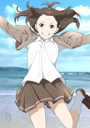  absurdres beach breasts brown_eyes brown_hair commentary_request female grin hair_ornament highres jacket kamogawa_girls&#039;_high_school_uniform kobayashi_chizuru kyouno_madoka loafers long_hair looking_at_viewer open_clothes open_jacket outdoors pleated_skirt rinne_no_lagrange school_uniform shoes short_hair skirt smile solo 