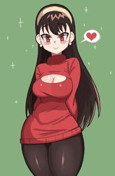  absurdres bad_id bad_pixiv_id black_hair blush breasts cleavage_cutout closed_mouth clothing_cutout female hairband heart highres long_hair looking_at_viewer medium_breasts mg991998 pantyhose red_eyes red_sweater smile solo spoken_heart spy_x_family sweater thick_thighs thighs yellow_hairband yor_briar 