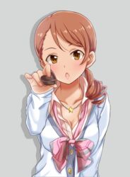  breasts brown_eyes candy chocolate commentary_request drill_hair female food heart heart-shaped_chocolate hojo_karen idolmaster idolmaster_cinderella_girls jewelry looking_at_viewer medium_breasts naruse_nagi necklace orange_hair solo star_(symbol) star_necklace twin_drills 