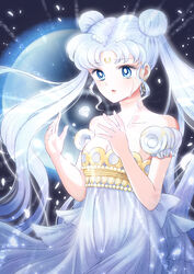  back_bow bare_shoulders bishoujo_senshi_sailor_moon blue_eyes bow chlora_imasayo collarbone cowboy_shot crescent crescent_facial_mark crying crying_with_eyes_open double_bun dress earrings facial_mark female forehead_mark gem hair_bun hair_ornament hairpin highres jewelry long_hair maboroshi_no_ginzuishou magic parted_bangs parted_lips princess_serenity puffy_sleeves solo strapless strapless_dress tears tsukino_usagi twintails twitter_username white_bow white_dress white_hair 