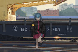  absurdres aqua_eyes aqua_hair black_jacket building female hands_in_pockets hatsune_miku highres jacket leg_up light_smile long_hair looking_at_viewer outdoors photoshop_(medium) railroad_tracks red_skirt skirt smirk solo train twintails vocaloid yurayura 