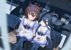  2girls agnes_tachyon_(umamusume) ahoge alcohol_burner animal_ears bag beaker black_hair breasts brown_eyes brown_hair coat coat_on_shoulders commentary crossed_legs cup earrings frilled_skirt frills hair_between_eyes highres holding holding_cup horse_ears horse_girl horse_tail jar jewelry kazu_no_reason long_hair looking_at_viewer manhattan_cafe_(umamusume) medium_breasts multiple_girls paper_bag pitcher_(container) pleated_skirt raised_eyebrows school_uniform shadow short_hair short_sleeves single_earring sitting skirt small_breasts smile stool table tail thighhighs tile_floor tiles tracen_school_uniform umamusume white_coat white_thighhighs yellow_eyes 