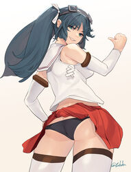  ass bare_shoulders black_panties blue_hair breasts dark_blue_hair detached_sleeves female fuwafuwatoufu gradient_background green_eyes grin highres isuzu_(kancolle) isuzu_kai_ni_(kancolle) kantai_collection large_breasts long_hair panties pleated_skirt red_skirt school_uniform serafuku skirt smile solo thighhighs twintails twitter_username underwear white_thighhighs 