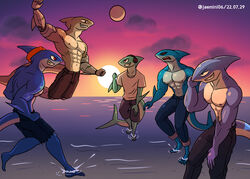  absurd_res alkan anthro beach beach_volleyball bottomwear clothed clothing fish group hi_res kashiver male male/male marine minta_(alkan) muscular muscular_anthro muscular_male norman_(alkan) pants pants_only rova_(alkan) seaside shark sunset teron_(alkan) topless topless_anthro topless_male 