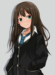  aqua_eyes aqua_necktie black_shirt blush brown_hair commentary_request earrings female hands_in_pockets idolmaster idolmaster_cinderella_girls jewelry long_hair long_sleeves looking_at_viewer naruse_nagi necklace necktie school_uniform shibuya_rin shirt smile solo 