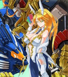  animal_ears artoria_pendragon_(fate) artoria_pendragon_(swimsuit_ruler)_(fate) blade_liger blue_pantyhose breasts card crossover daigouzi fake_animal_ears fangs fate/grand_order fate_(series) female genesic_gaogaigar holding holding_card large_breasts long_hair mecha multiple_crossover non-humanoid_robot one-piece_swimsuit orange_eyes orange_hair pantyhose ponytail rabbit_ears robot robot_animal science_fiction sharp_teeth smile super_robot swimsuit teeth tiara v-fin v-shaped_eyebrows white_one-piece_swimsuit yuusha_ou_gaogaigar yuusha_ou_gaogaigar_final yuusha_series zoids 