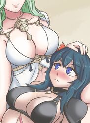  2girls bikini black_bikini blue_eyes blue_hair blush breasts byleth_(female)_(fire_emblem) byleth_(female)_(summer)_(fire_emblem) byleth_(fire_emblem) cleavage closed_mouth commentary english_commentary fire_emblem fire_emblem:_three_houses fire_emblem_heroes flower green_hair hair_flower hair_ornament hand_on_another&#039;s_head hayato_stuff highres lap_pillow large_breasts long_hair multiple_girls official_alternate_costume rhea_(fire_emblem) rhea_(summer)_(fire_emblem) smile swimsuit white_bikini 