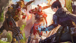  1boy 1other animification apex_legends bird black_hair bloodhound_(apex_legends) blue_eyes bodysuit charge_rifle classic_revenant clenched_hand copyright_name crow electricity explosion female game_cg gloves glowing glowing_eye glowing_eyes grey_gloves gun hair_behind_ear hair_bun highres holding holding_gun holding_weapon humanoid_robot in-universe_location logo looking_back looking_down m600_spitfire mask open_hand r-301_carbine red_gloves revenant_(apex_legends) robot simulacrum_(titanfall) single_hair_bun weapon world&#039;s_edge wraith_(apex_legends) yellow_eyes zonotaida 