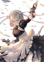  alt_text apron azur_lane blonde_hair braid chains cowboy_shot cross cross_necklace female french_braid garter_straps gun hair_between_eyes hairband handgun highres holding holding_gun holding_weapon jewelry juliet_sleeves long_sleeves maid maid_apron maid_headdress natsujiru necklace puffy_sleeves sheffield_(azur_lane) signature solo thighhighs thighs torn_clothes weapon white_thighhighs yellow_eyes 