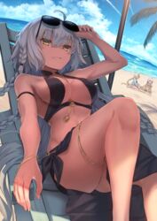  3girls adjusting_eyewear ahoge alternate_costume arm_up ass bangle bare_arms bare_shoulders beach bikini black-framed_eyewear black_bikini blonde_hair blue_sky bracelet braid breasts chair cleavage cloud cloudy_sky commentary_request contrail day fate/grand_order fate_(series) grey_hair grin hairband halterneck hand_on_eyewear highres hopepe jeanne_d&#039;arc_(fate) jeanne_d&#039;arc_(swimsuit_archer)_(fate) jeanne_d&#039;arc_(swimsuit_archer)_(first_ascension)_(fate) jeanne_d&#039;arc_alter_(fate) jeanne_d&#039;arc_alter_(festival_outfit)_(fate) jeanne_d&#039;arc_alter_santa_lily_(fate) jewelry knee_up large_breasts long_hair looking_at_viewer lounge_chair multiple_girls o-ring o-ring_bikini ocean official_alternate_costume outdoors reclining sand_castle sand_sculpture sarong single_braid sky smile sunglasses swimsuit very_long_hair yellow_eyes 