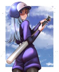  aluminum_bat asymmetrical_bangs baseball_bat baseball_helmet baseball_uniform belt black_pantyhose blue_eyes blue_hair blue_headwear blue_shirt blue_shorts blue_sky blush closed_mouth cloud cloudy_sky commentary cowboy_shot female from_behind helmet highres holding holding_baseball_bat jujutsu_kaisen light_blue_hair long_hair looking_at_viewer looking_back miwa_kasumi official_alternate_costume pantyhose shirt shorts sky smile solo sportswear straight_hair white_belt yossyun 