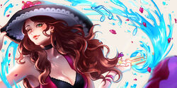  artist_name breasts brown_hair choker cleavage closed_mouth commentary dorothea_arnault dorothea_arnault_(summer) earrings english_commentary enmoire female fire_emblem fire_emblem:_three_houses fire_emblem_heroes flower green_eyes hat hat_flower highres jewelry long_hair musical_note one_eye_closed petals solo swimsuit upper_body 