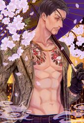  1boy abs aomi_nekosuki birthday black_hair commentary_request facial_hair flower flower_tattoo happy_birthday highres irezumi jacket majima_goro male_focus obliques oil-paper_umbrella one-eyed open_clothes open_jacket profile ryuu_ga_gotoku_(series) snake snake_print tattoo toned toned_male umbrella white_flower yellow_background 