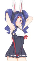  animal_ears armpits arms_behind_head azur_lane bare_shoulders black_ribbon black_skirt blue_eyes blue_hair blue_ribbon blush cosplay facepaint female hair_intakes hair_ribbon hairband halterneck high-waist_skirt highleg highleg_panties highres long_hair looking_at_viewer melty_q_melromarc miniskirt mixed-language_commentary nekokyun panties panties_over_clothes pleated_skirt rabbit_ears red_panties ribbon shimakaze_(azur_lane) shimakaze_(azur_lane)_(cosplay) sidelocks simple_background skirt sleeveless smile solo tate_no_yuusha_no_nariagari underwear white_background 