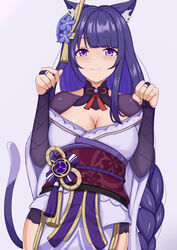  animal_ears blunt_bangs blush bow bowtie braid breasts bridal_gauntlets cat_ears cat_girl cat_tail cleavage collarbone commentary female genshin_impact hair_ornament highres japanese_clothes kemonomimi_mode long_hair long_sleeves looking_at_viewer low-braided_long_hair low-tied_long_hair low_ponytail lunarscent mole mole_under_eye obi paw_pose purple_eyes purple_hair raiden_shogun sash sidelocks simple_background single_braid smile solo tail vision_(genshin_impact) white_background wide_sleeves 