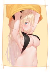  absurdres ahoge armpits blonde_hair blue_eyes blush borrowed_character breasts clothes_lift female highres horns long_hair looking_at_viewer merino_(ponderogen) mokew navel original shirt_lift simple_background solo 