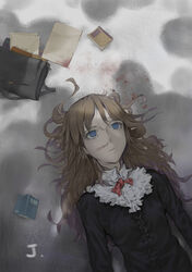  bag bags_under_eyes black_shirt blood blood_stain blue_eyes brown_hair chinese_commentary commentary_request female highres long_hair long_sleeves original photoshop_(medium) shadow shirt solo yurayura 