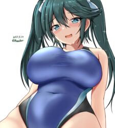  alternate_costume black_one-piece_swimsuit blue_hair blue_one-piece_swimsuit breasts competition_swimsuit covered_navel dated female hair_ribbon highres impossible_clothes impossible_swimsuit isuzu_(kancolle) isuzu_kai_ni_(kancolle) kantai_collection large_breasts long_hair looking_at_viewer montemasa one-hour_drawing_challenge one-piece_swimsuit open_mouth ribbon sitting smile solo swimsuit twintails twitter_username two-tone_swimsuit white_ribbon 