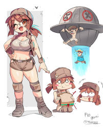  2boys ;d absurdres bare_shoulders baseball_cap belt blonde_hair blush_stickers boots bound breasts brown_belt brown_eyes brown_footwear brown_hair brown_hat brown_shorts brown_vest character_name cleavage collarbone commentary crop_top ddg160 deformed eating female fio_germi flying_sweatdrops food full_body glasses grey_tank_top hand_on_own_hip hat highres hip_vent holding holding_food holding_sandwich knee_pads kneeling large_breasts marco_rossi medium_hair metal_slug midriff multiple_boys multiple_views navel o_o oerba_yun_fang one_eye_closed open_clothes open_mouth open_vest ponytail round_eyewear sandwich shorts simple_background skin_fang smile standing tank_top tractor_beam twitter_username ufo vest white_background wristband 