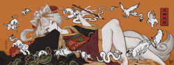  amaterasu_(ookami) bakugami bare_legs bird boar bull calligraphy_brush capcom chinese_zodiac dragon eastern_dragon facial_mark feline female gekigami hair_ornament hanagami highres horse itegami japanese_clothes kabegami kanzashi kasugami kazegami kimono kumanz lying moegami monkey mouse_(animal) nihongami nuregami obi okami on_back orange_background paintbrush personification rabbit sash sheep snake tachigami tiger yomigami yumigami 