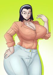  1girls big_ass big_breasts big_butt black_hair brown_eyes cleavage diamond_is_unbreakable gradient_background hairband half-closed_eyes hand_on_hip higashikata_tomoko huge_ass huge_breasts huge_butt jojo&#039;s_bizarre_adventure looking_to_the_side mature_female milf mother mrestella pants simple_background solo solo_female thick_ass thick_legs thick_thighs thunder_thighs white_hairband white_pants 