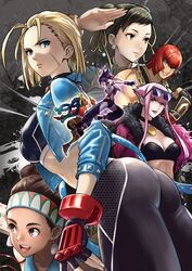  6+girls ass blonde_hair blue_eyes breasts brown_eyes brown_hair cammy_white chun-li cleavage commentary_request double_bun earrings hair_bun highres ito_(daisukidanchi) jacket jewelry juri_han kimberly_jackson leather leather_jacket lily_hawk manon_legrand marisa_(street_fighter) multiple_girls red_hair street_fighter street_fighter_6 