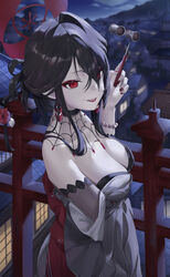  absurdres black_hair blue_archive breasts cleavage female fingernails goth_fashion grey_kimono hair_ornament hair_stick halo highres holding japanese_clothes kimono kokuriko_(blue_archive) lips long_hair medium_breasts nail_polish night open_mouth opera_glasses outdoors red_eyes red_halo red_nails renge_(730) smile solo 