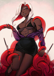  abs absurdres artist_name black_bra blood bra breasts colored_inner_hair cowboy_shot dark_skin female fingernails grin highres knife leaning_to_the_side medium_breasts medium_hair multicolored_hair muscular muscular_female office_lady original purple_shirt sharp_fingernails shirt signature simple_background skirt smile tentacle the_scarlet_devil two-tone_hair underwear white_hair 