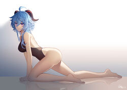  ahoge bare_arms bare_legs barefoot black_leotard blue_hair breasts closed_mouth female full_body ganyu_(genshin_impact) genshin_impact hair_between_eyes highres horns leotard long_hair medium_breasts purple_eyes solo white_background yukleeeee 