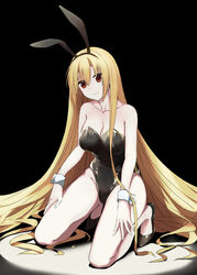  absurdly_long_hair alternate_costume alternate_hair_length alternate_hairstyle animal_ears arihara_nanami armpit_crease ass_visible_through_thighs bare_legs bare_shoulders black_background black_footwear black_leotard blonde_hair breasts chinese_commentary cleavage closed_mouth collarbone commentary curvy eyelashes fake_animal_ears female full_body groin hair_between_eyes hair_down hands_on_own_thighs highleg highleg_leotard highres kneeling large_breasts leotard long_hair looking_at_viewer playboy_bunny qumai79 rabbit_ears red_eyes riddle_joker simple_background smile solo spotlight straight_hair strapless strapless_leotard thighs tiptoes very_long_hair white_wrist_cuffs wrist_cuffs 