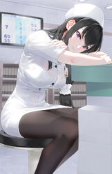  black_hair black_pantyhose book bra_visible_through_clothes breasts crossed_arms feet_out_of_frame female hat head_on_arm head_rest highres id_card indoors kfr large_breasts legs long_hair nurse nurse_cap original pantyhose purple_eyes sitting smile solo stool uniform 