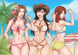  3girls aerith_gainsborough ass ass_peek ass_visible_through_thighs beach bikini black_hair blue_sky breasts brown_eyes brown_hair cissnei cleavage closed_mouth cloud cloudy_sky cowboy_hat cowgirl_(western) crylin6 earrings final_fantasy final_fantasy_vii final_fantasy_vii_rebirth final_fantasy_vii_remake hat highres jewelry large_breasts long_hair looking_at_viewer medium_breasts midriff multiple_girls navel ocean open_mouth palm_tree parasol red_eyes red_hair shorts side-tie_bikini_bottom single_earring sky small_breasts smile stomach swimsuit tank_top tankini thighs tifa_lockhart tree umbrella yellow_eyes 